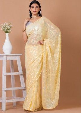 Yellow Sequins Embellished Saree In Georgette
