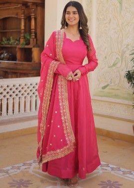 Readymade Pink Anarkali Suit & Embroidered Dupatta