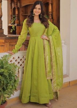 Green Readymade Anarkali Suit & Embroidered Dupatta