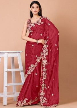 Red Embroidered Border Georgette Saree