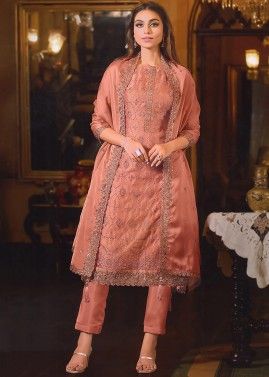 Peach Zari Embroidered Organza Pant Style Suit