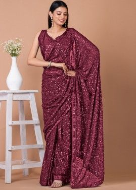 Maroon Sequins Embellished Saree In Georgette