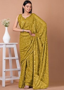 Yellow Sequinned Contemporary Style Saree