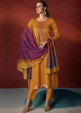 Yellow Embroidered Pant Suit In Satin