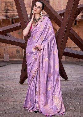 Purple Satin Saree In Zari Woven