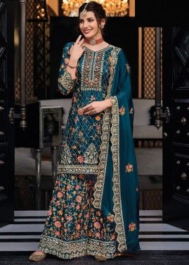 Teal Blue Readymade Embroidered Art Silk Sharara Suit