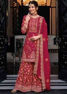 Pink Readymade Embroidered Sharara Suit In Art Silk