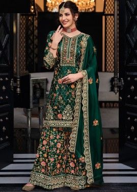 Green Readymade Art Silk Sharara Suit In Zari Work