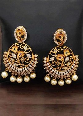 Golden Dangler Earrings In Stone Beads Work