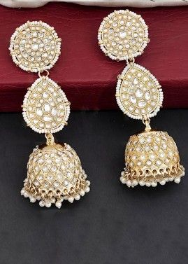 White Beads & Kundan studded Jhumka Earrings