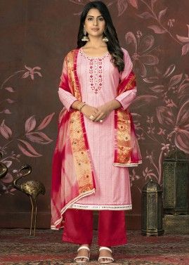 Pink Embroidered Suit Set In Cotton