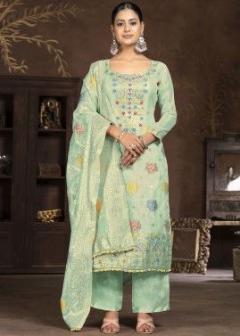 Green Zari Woven Suit Set In Banarasi Silk