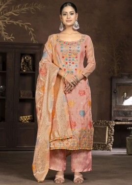 Peach Zari Woven Suit Set In Banarasi Silk