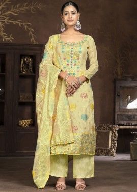Yellow Zari Woven Suit Set In Banarasi Silk