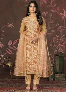 Golden Embroidered Suit Set In Organza