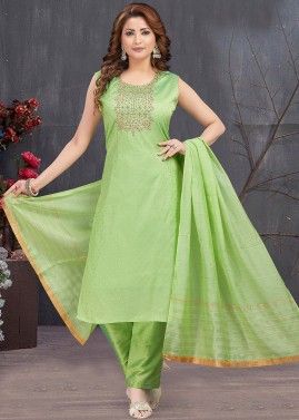 Green Embroidered Readymade Pant Suit Set