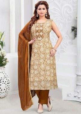 Readymade Brown Floral Print Pant Style Suit