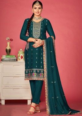 Teal Blue Thread Embroidered Art Silk Pant Suit