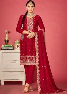 Red Thread Embroidered Pant Suit In Art Silk