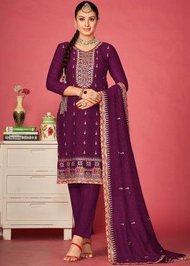 Purple Art Silk Pant Suit In Thread Embroidery