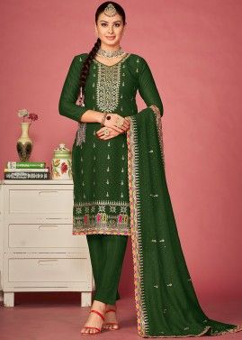 Green Thread Embroidered Art Silk Pant Suit Set
