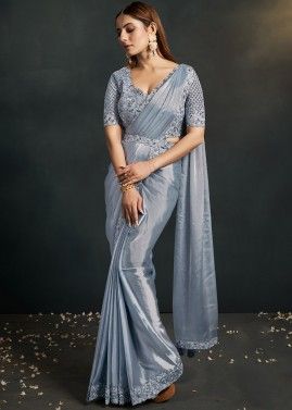 Grey Pre-Stitched Satin Saree With Embroidered Border