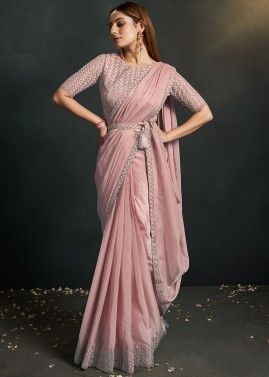 Pink Crape Silk Pre- Stitched Embellished Saree