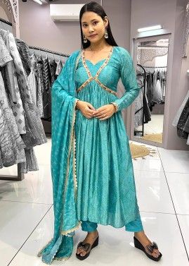 Readymade Blue Bandhej Printed Anarkali Suit