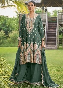 Sage Green Readymade Embroidered Flared  Style Sharara Suit