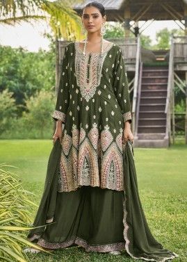 Olive Green Readymade Chiffon Sharara Suit In Dori Embroidery