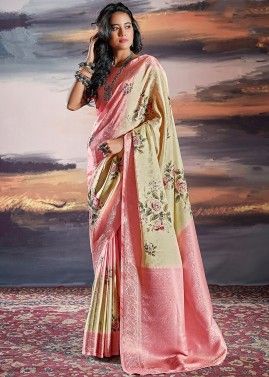 Shaded Beige & Pink Saree In Digital Floral Print