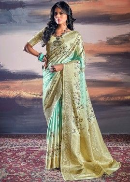 Shaded Turquoise & Green Woven Saree In Satin