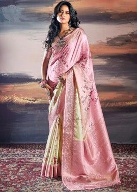 Shaded Cream & Pink Digital Floral Print Saree