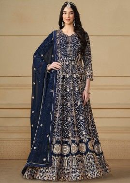 Blue Georgette Anarkali Suit In Thread Embroidery