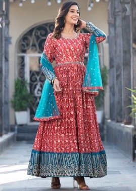 Readymade Red Printed Anarkali Suit In Georgette