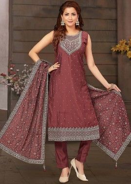 Maroon Embroidered Pant Suit Set