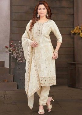 Cream Embroidered Pant Suit Set