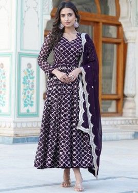 Purple  Readymade Embroidered Anarkali Suit In Georgette
