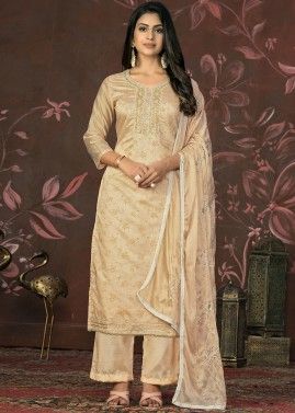 Beige Embroidered Palazzo Suit In Rayon