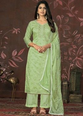 Green Embroidered Palazzo Style Suit
