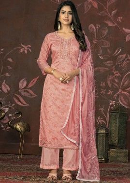 Pink Embroidered Palazzo Style Suit Set