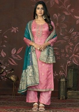 Pink Zari Woven Palazzo Suit In Banarasi Silk