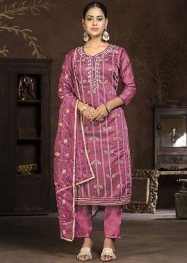 Pink Embroidered Pant Suit In Rayon