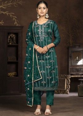 Green Thread Embroidered Pant Suit Set