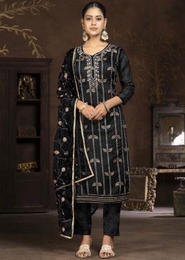 Black Embroidered Pant Style Suit Set