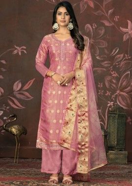 Pink Zari Woven Palazzo Suit In Rayon