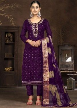 Straight Cut Art Silk Embroidered Pant Suit In Purple