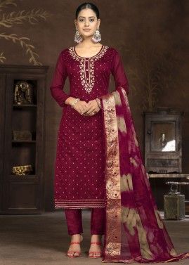 Maroon Stone Embellished Pant Suit In Art Silk