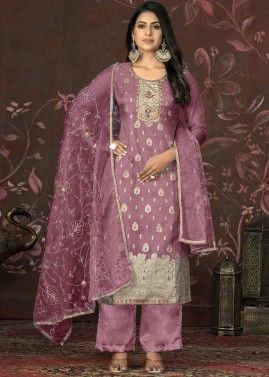 Purple Embroidered Pant Suit In Organza