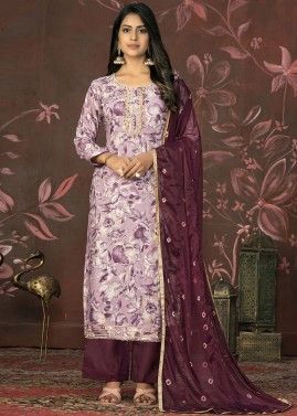 Purple Embroidered Pant Suit In Cotton
